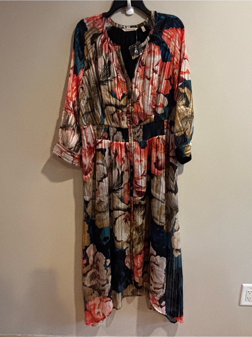 Soft Surroundings Floral Midi Dress Coral/Navy/cream women L all occasion NWOT